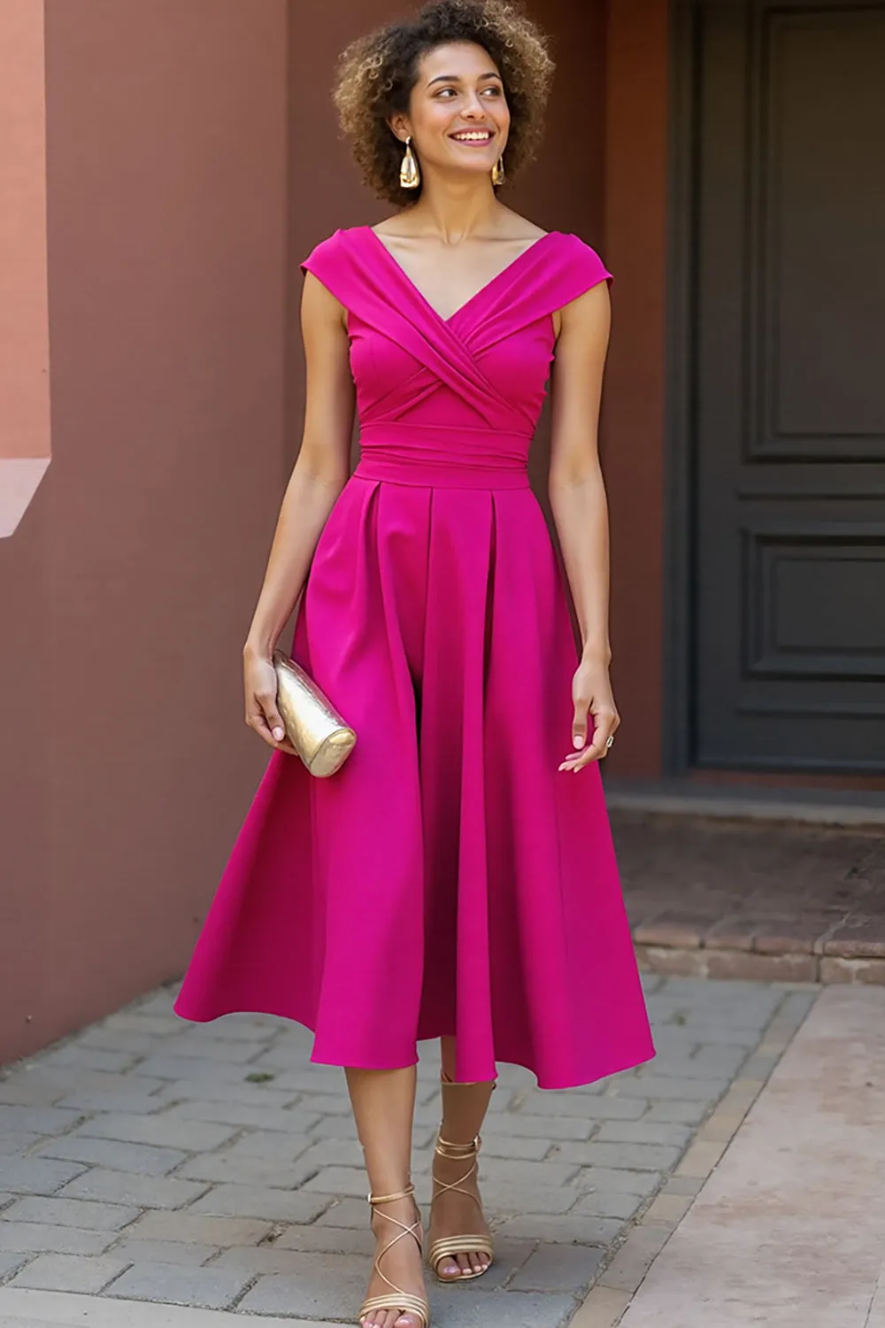 Fuchsia V Neck A Line Midi Mother Of The Bride Dress sold by Zapaka