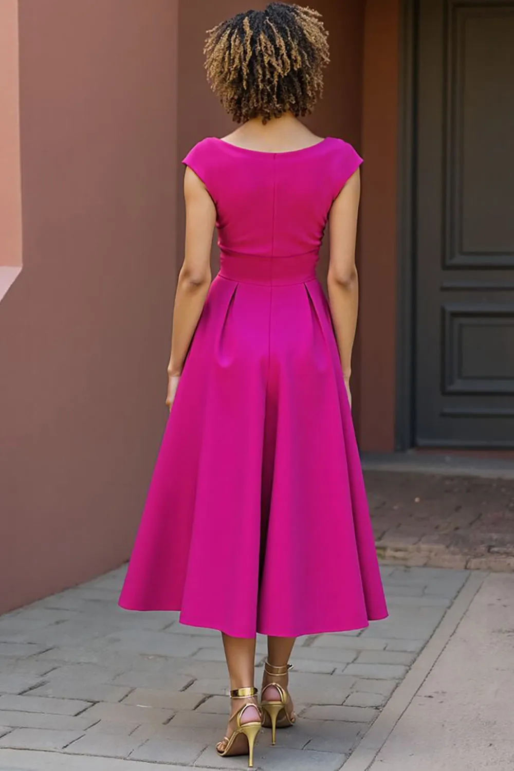 Fuchsia V Neck A Line Midi Mother Of The Bride Dress sold by Zapaka product image thumbnail 2