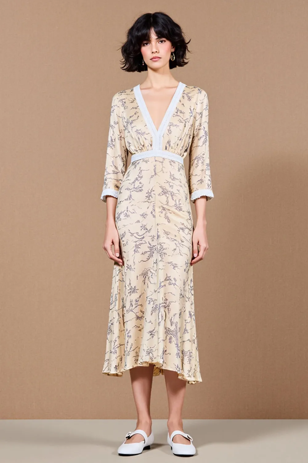 Print Apricot Sheath Midi Wedding Guest Dress sold by Zapaka