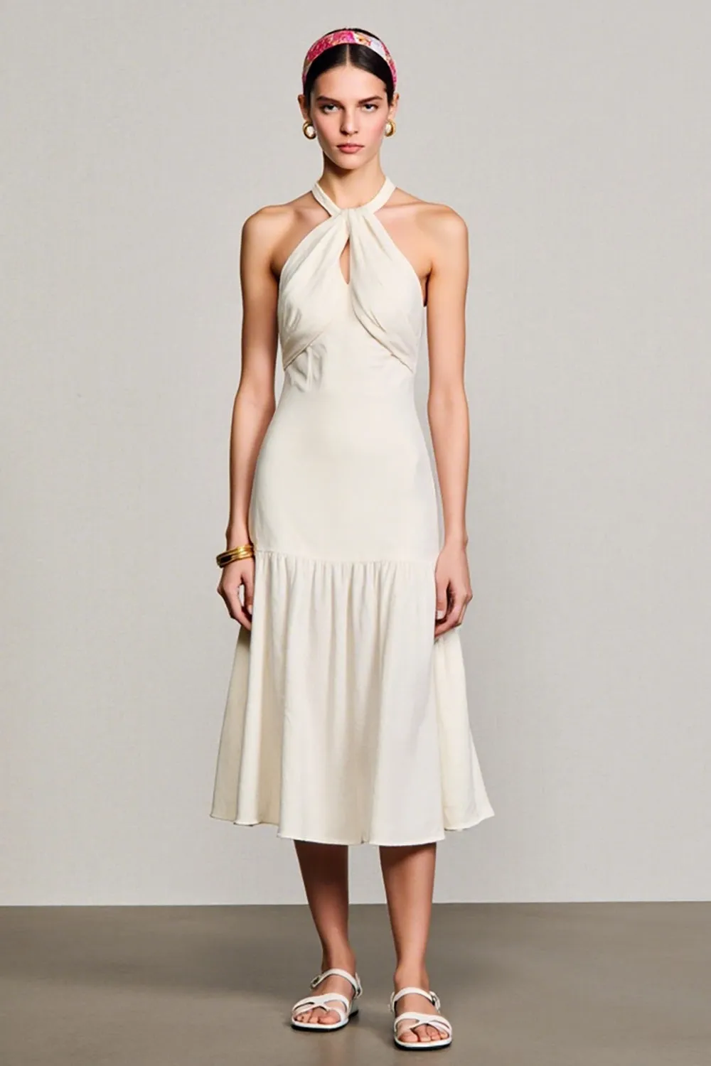 Halter Ivory A Line Midi Wedding Guest Dress sold by Zapaka