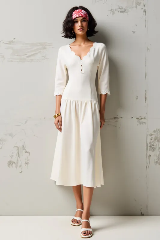 White V Neck A Line Wedding Guest Dress with 3/4 Sleeves sold by Zapaka