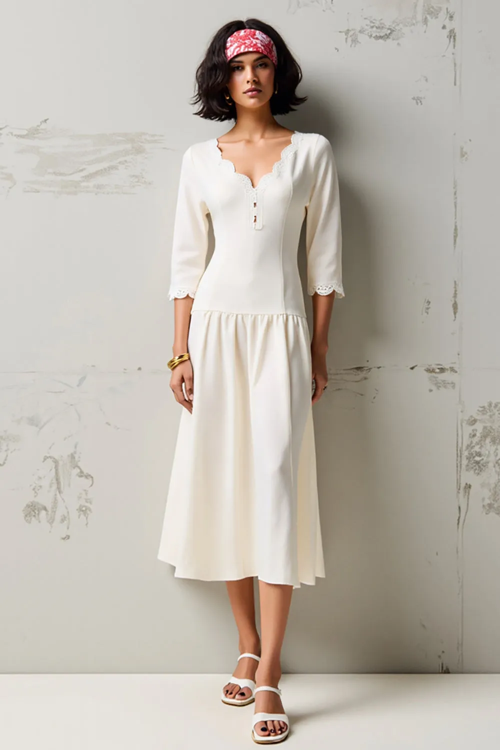 White V Neck A Line Wedding Guest Dress with 3/4 Sleeves sold by Zapaka