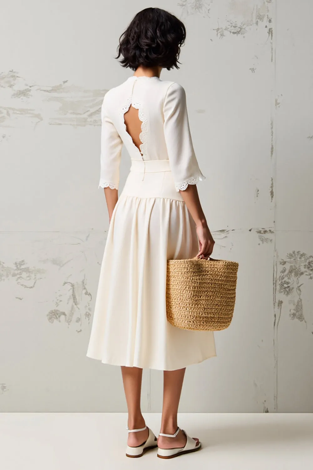 White V Neck A Line Wedding Guest Dress with 3/4 Sleeves sold by Zapaka product image thumbnail 2