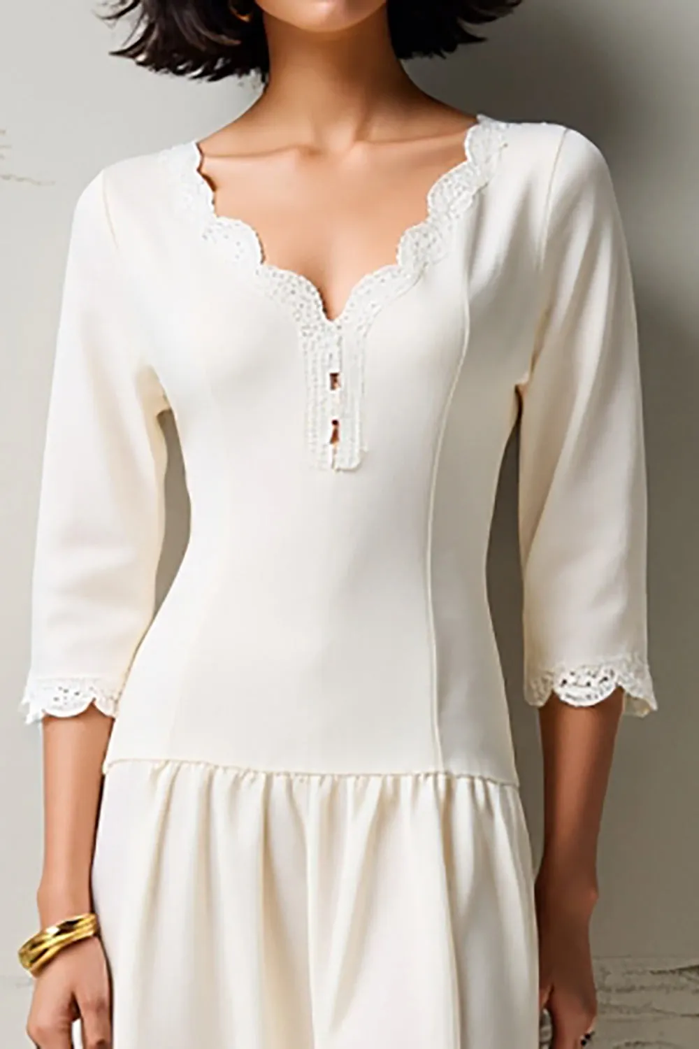 White V Neck A Line Wedding Guest Dress with 3/4 Sleeves sold by Zapaka product image thumbnail 3