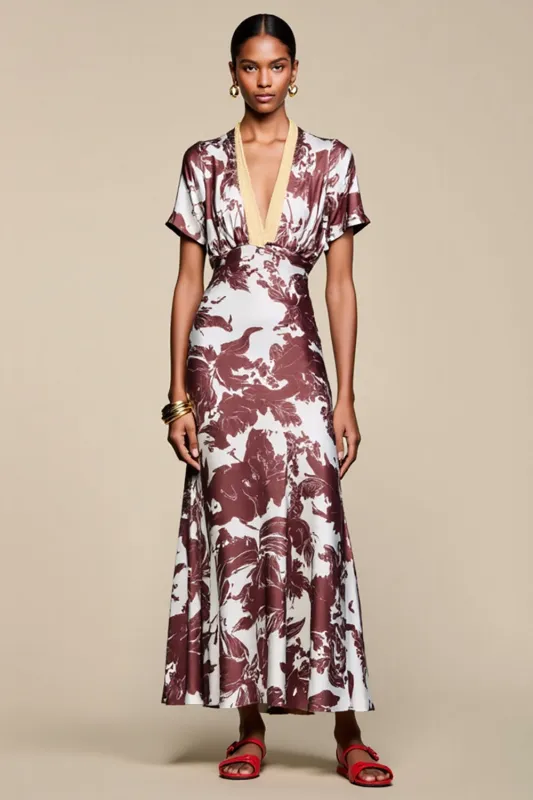 Coffee V Neck Printed A Line Wedding Guest Dress sold by Zapaka