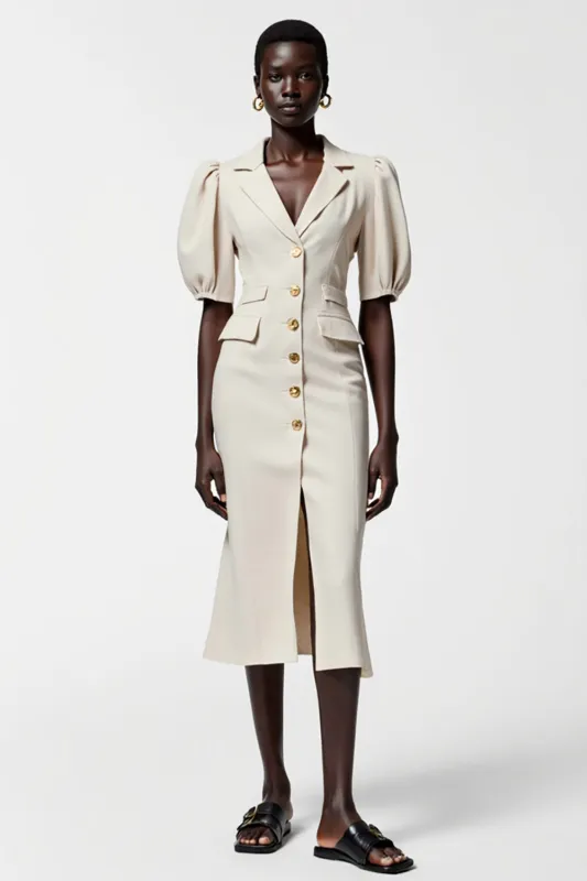 Ivory Sheath Notched Lapel Single-Breasted Wedding Guest Dress sold by Zapaka