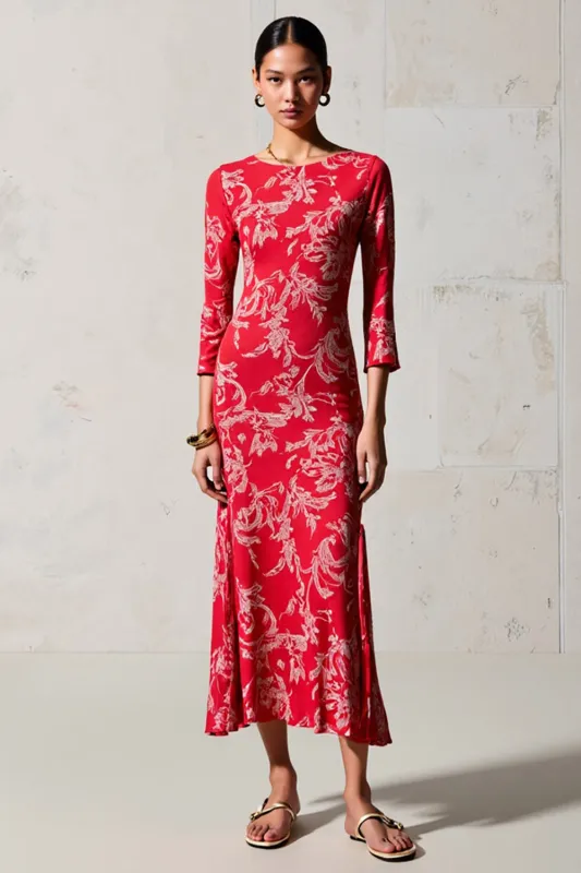 Red Print Sheath 3/4 Sleeve Wedding Guest Dress sold by Zapaka