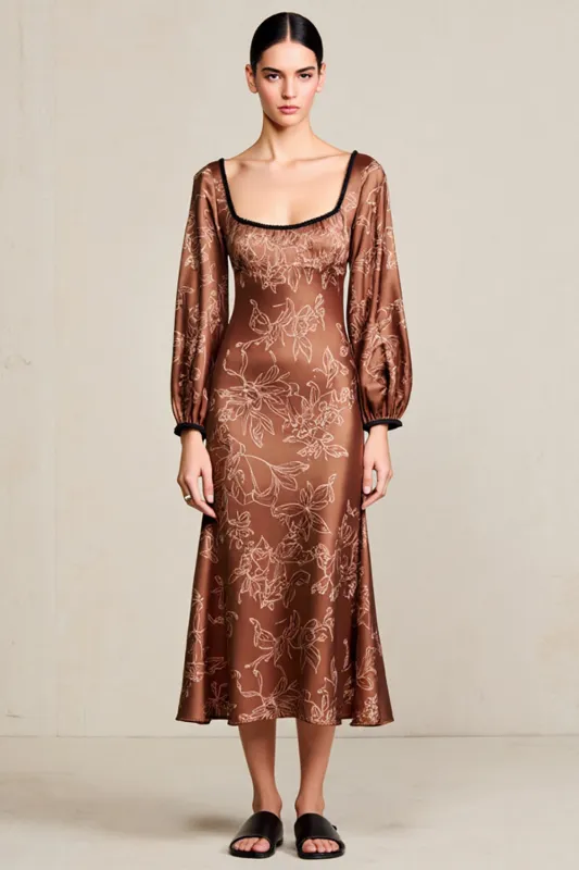Print Coffee Long Sleeve Satin Wedding Guest Dress sold by Zapaka