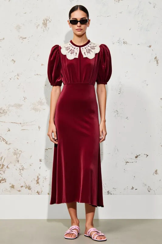 Velvet Dark Red A Line Wedding Guest Dress sold by Zapaka