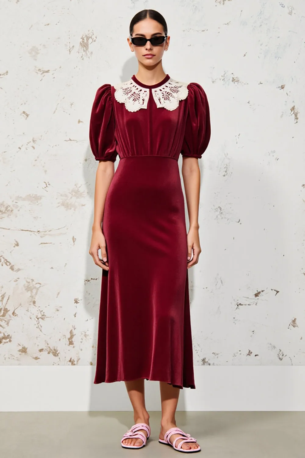 Velvet Dark Red A Line Wedding Guest Dress sold by Zapaka