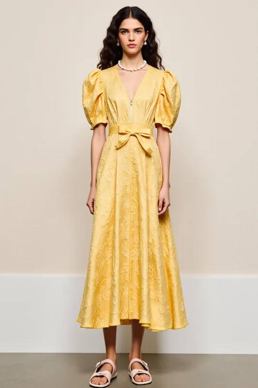 Yellow V Neck A Line Wedding Guest Dress With Appliques sold by Zapaka