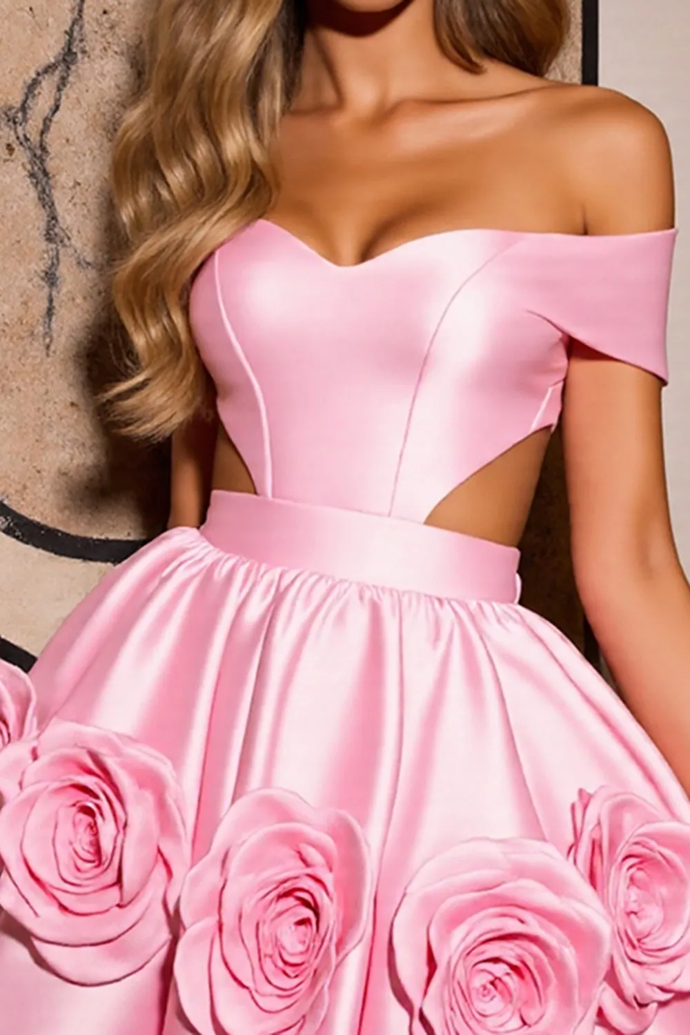 Off The Shoulder Pink Cut Out Homecoming Dress with 3D Flowers sold by Zapaka product image thumbnail 3