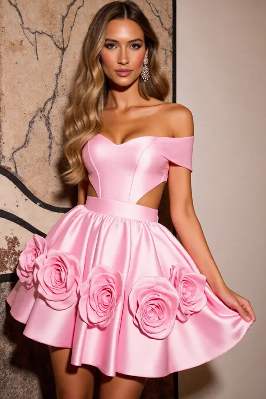 Off The Shoulder Pink Cut Out Homecoming Dress with 3D Flowers sold by Zapaka