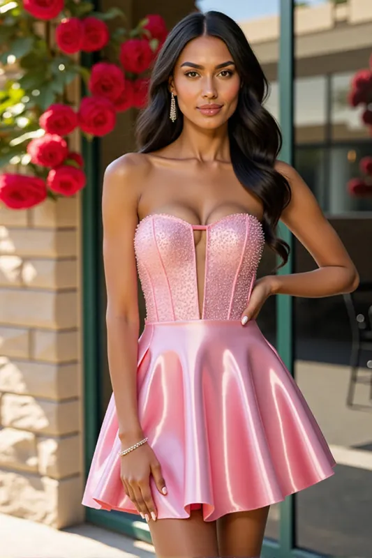 Strapless Beaded A Line Pink Homecoming Dress sold by Zapaka