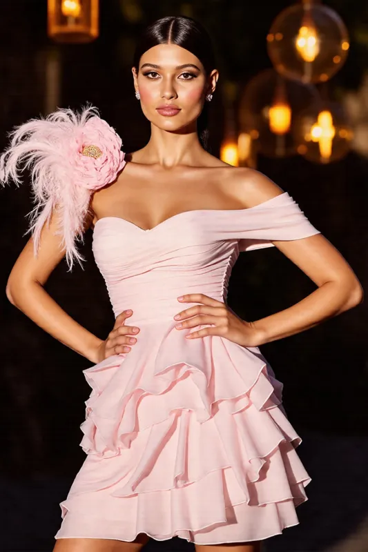 Off The Shoulder Pink Tiered Homecoming Dress With Feathers sold by Zapaka
