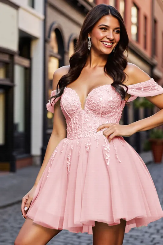 Blush Corset Tulle Short Homecoming Dress with Appliques sold by Zapaka