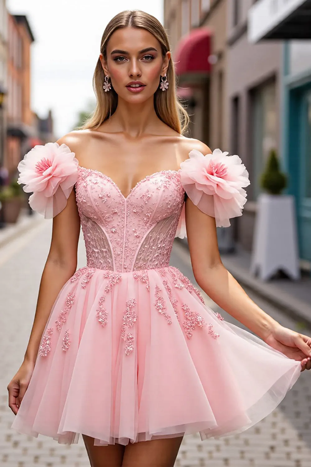 Floral Blush Short Corset Homecoming Dress with Appliques sold by Zapaka