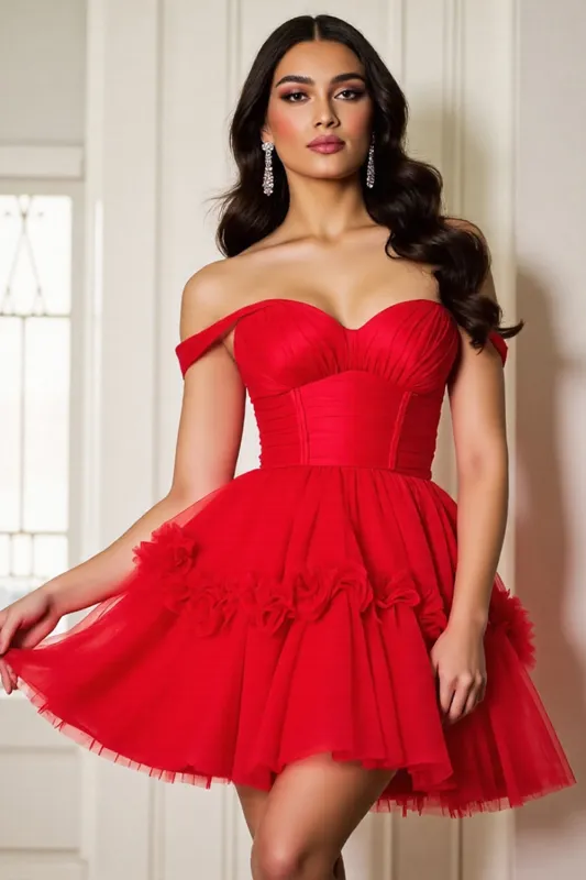 Off The Shoulder A Line Mini Red Homecoming Dress sold by Zapaka