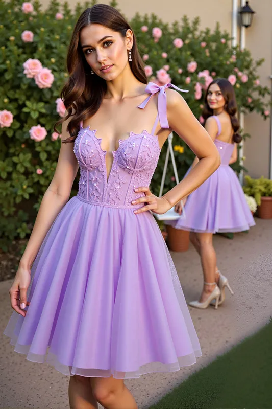 Lavender Short Tulle Corset Homecoming Dress with Appliques sold by Zapaka