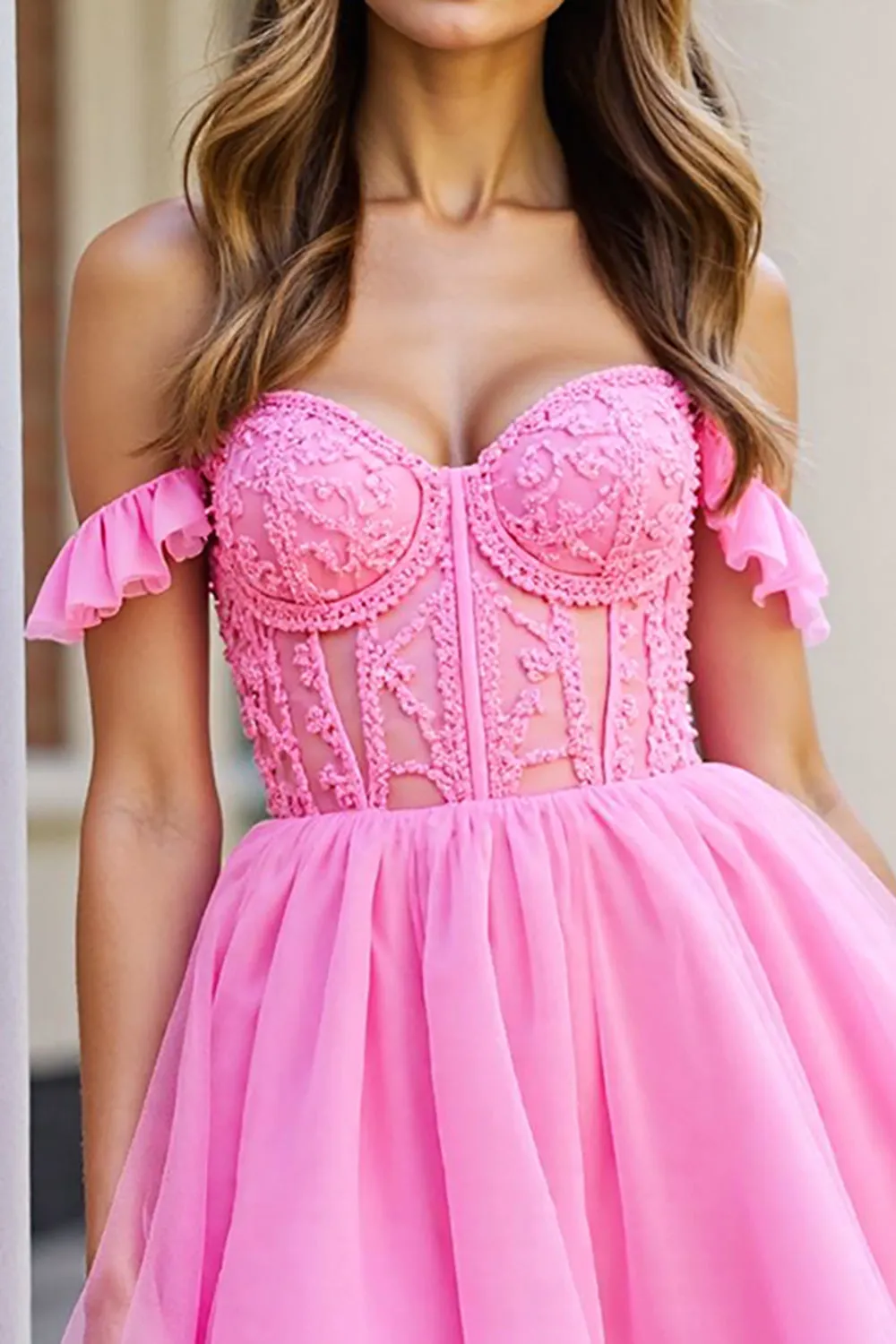 Ruffled Pink Corset Short Tulle Homecoming Dress with Appliques sold by Zapaka product image thumbnail 3