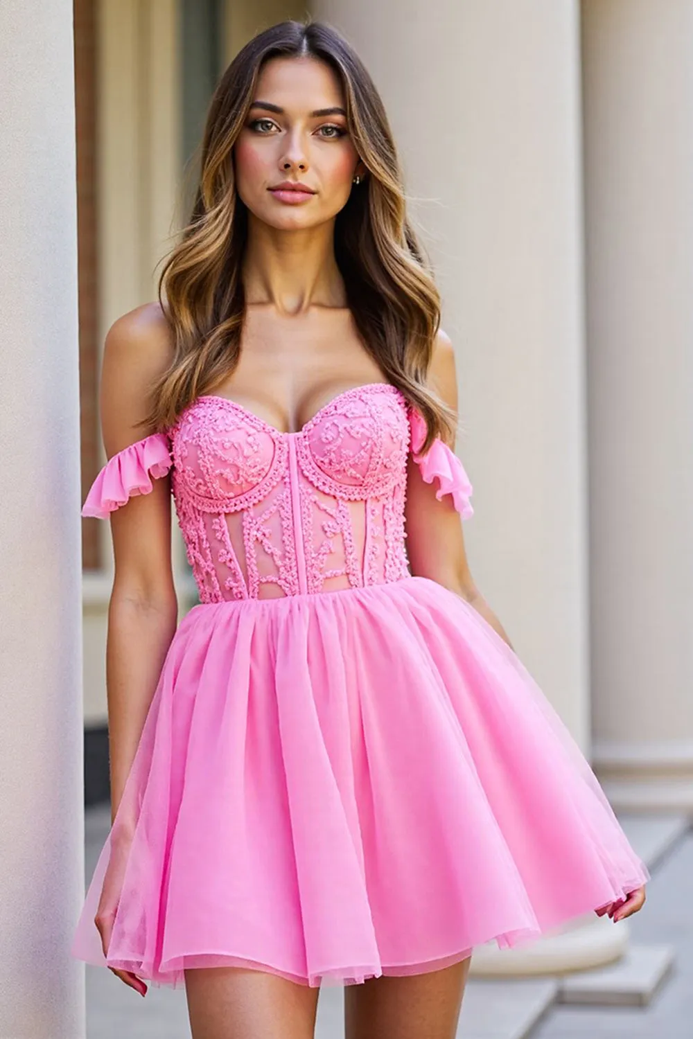 Ruffled Pink Corset Short Tulle Homecoming Dress with Appliques sold by Zapaka