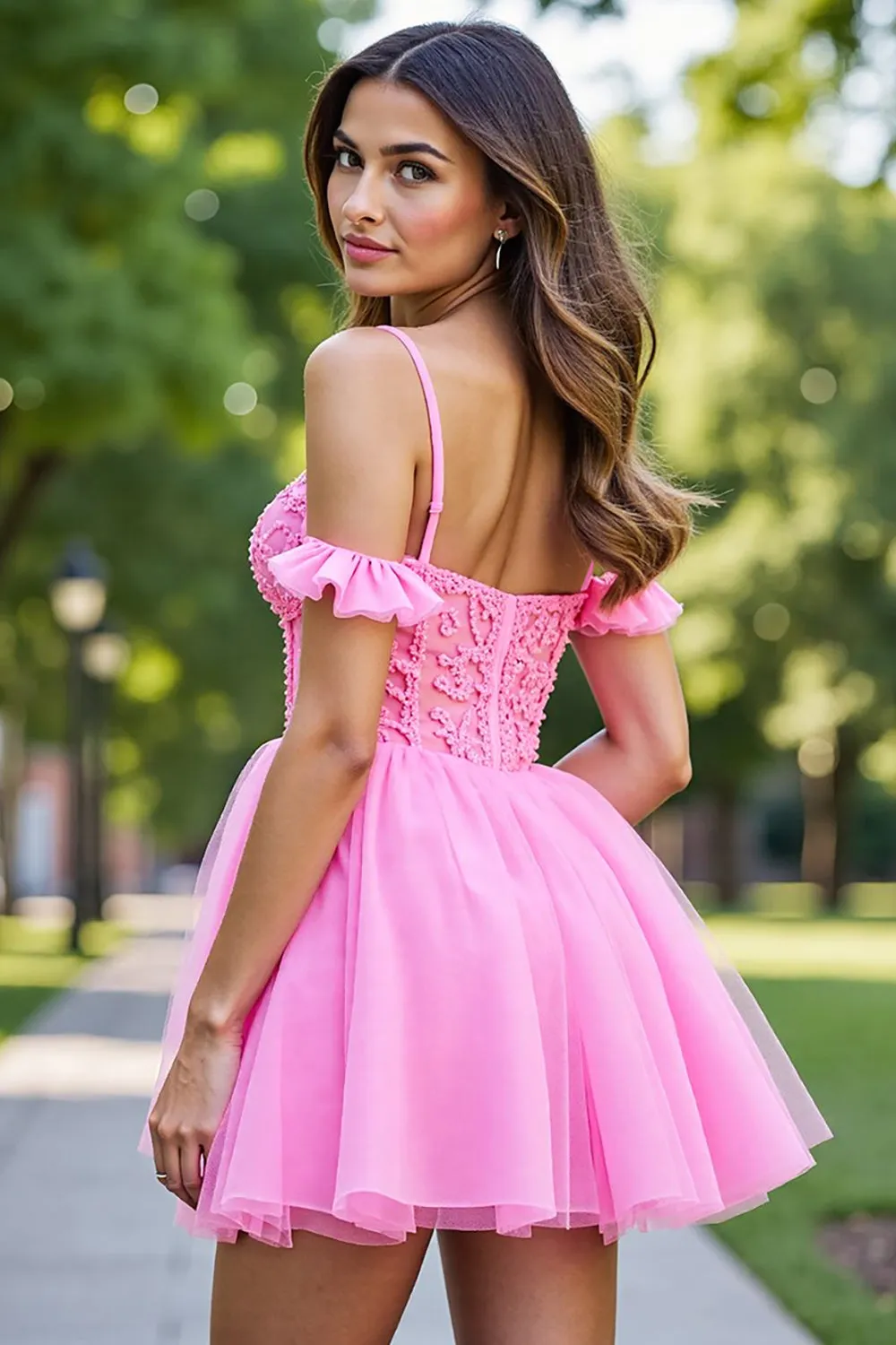 Ruffled Pink Corset Short Tulle Homecoming Dress with Appliques sold by Zapaka product image thumbnail 2
