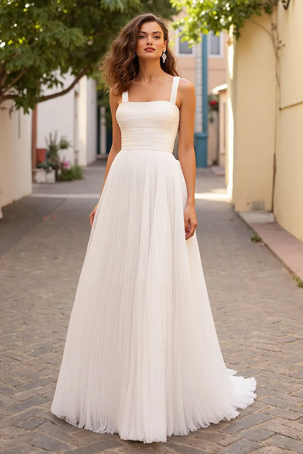 Pleated A Line Ivory Tulle Long Wedding Dress sold by Zapaka