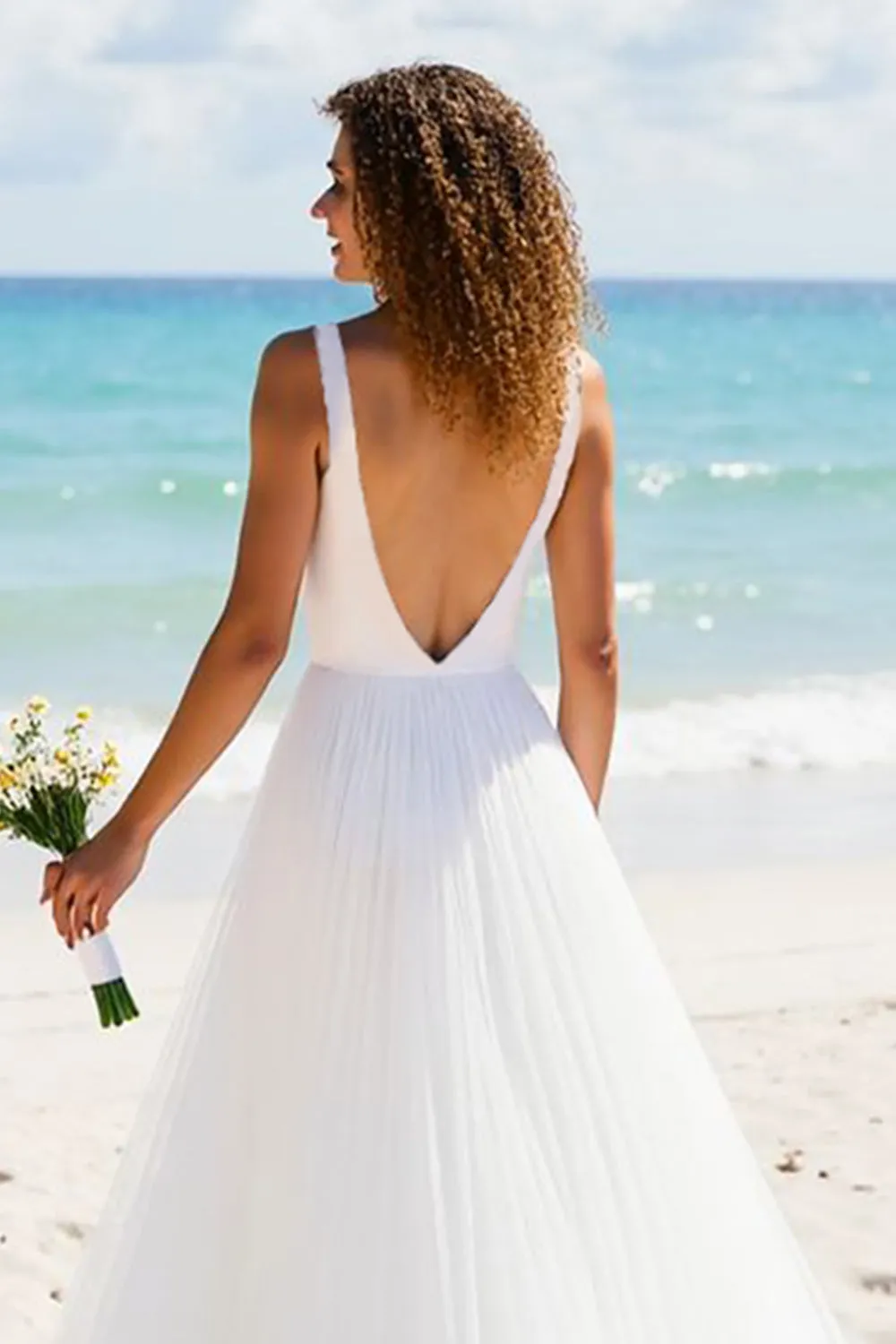 Pleated A Line V Neck Ivory Long Wedding Dress sold by Zapaka product image thumbnail 5