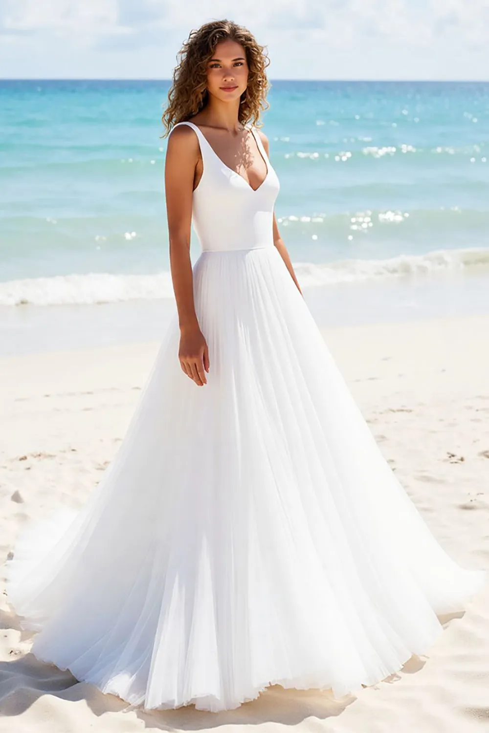Pleated A Line V Neck Ivory Long Wedding Dress sold by Zapaka