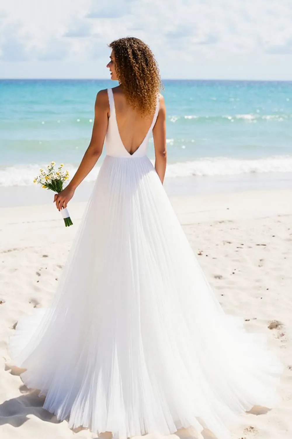 Pleated A Line V Neck Ivory Long Wedding Dress sold by Zapaka product image thumbnail 2