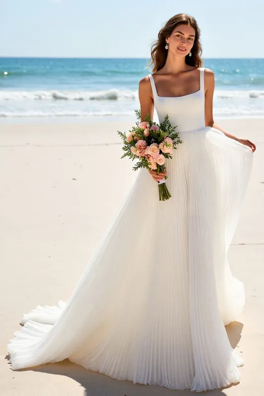 A Line Square Neck Ivory Pleated Wedding Dress sold by Zapaka