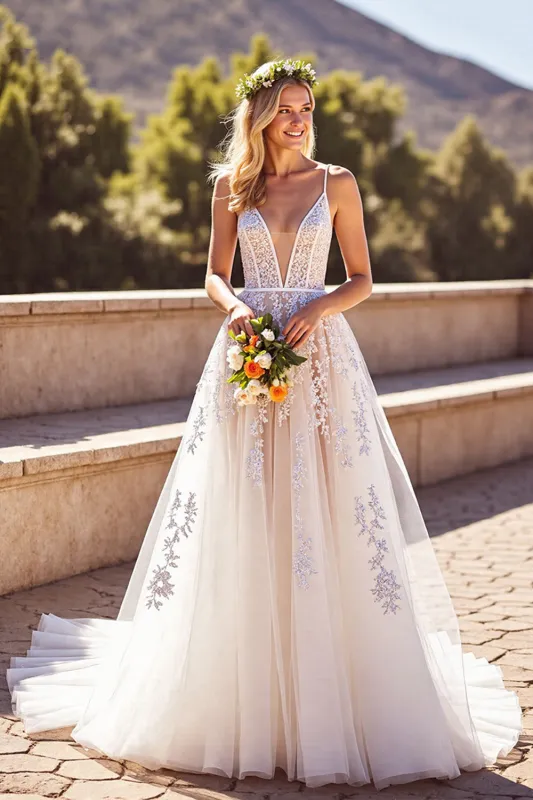 A Line V Neck Ivory Corset Long Wedding Dress sold by Zapaka
