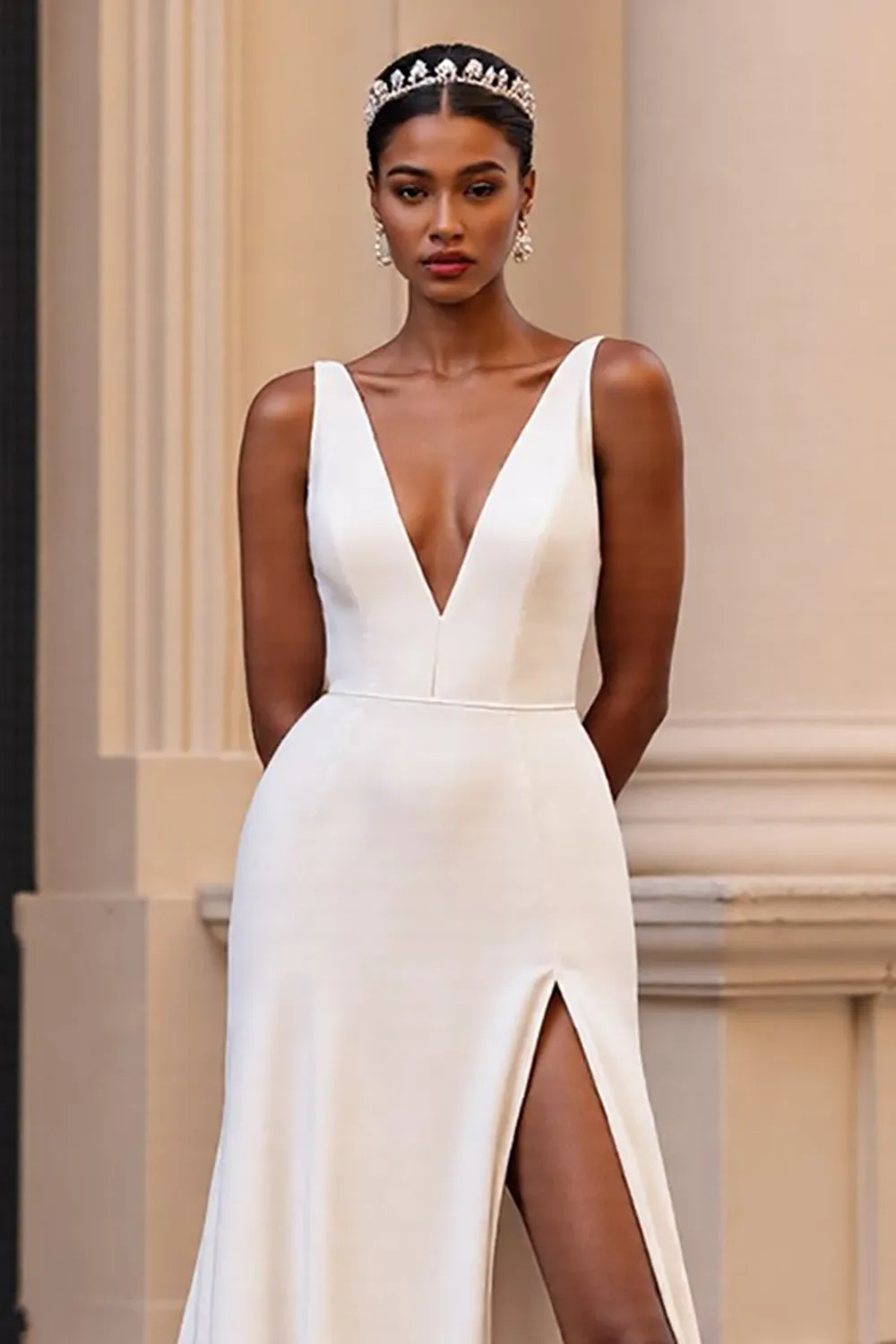 Ivory A Line V Neck Satin Wedding Dress with Slit sold by Zapaka product image thumbnail 3