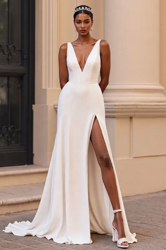 Ivory A Line V Neck Satin Wedding Dress with Slit sold by Zapaka