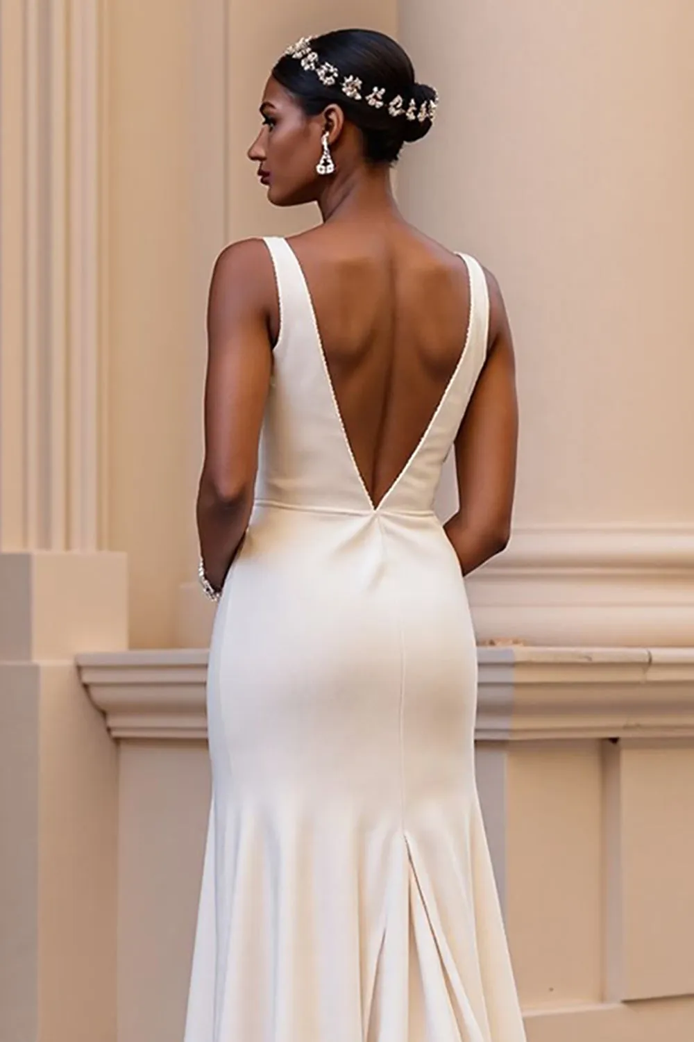 Ivory A Line V Neck Satin Wedding Dress with Slit sold by Zapaka product image thumbnail 4