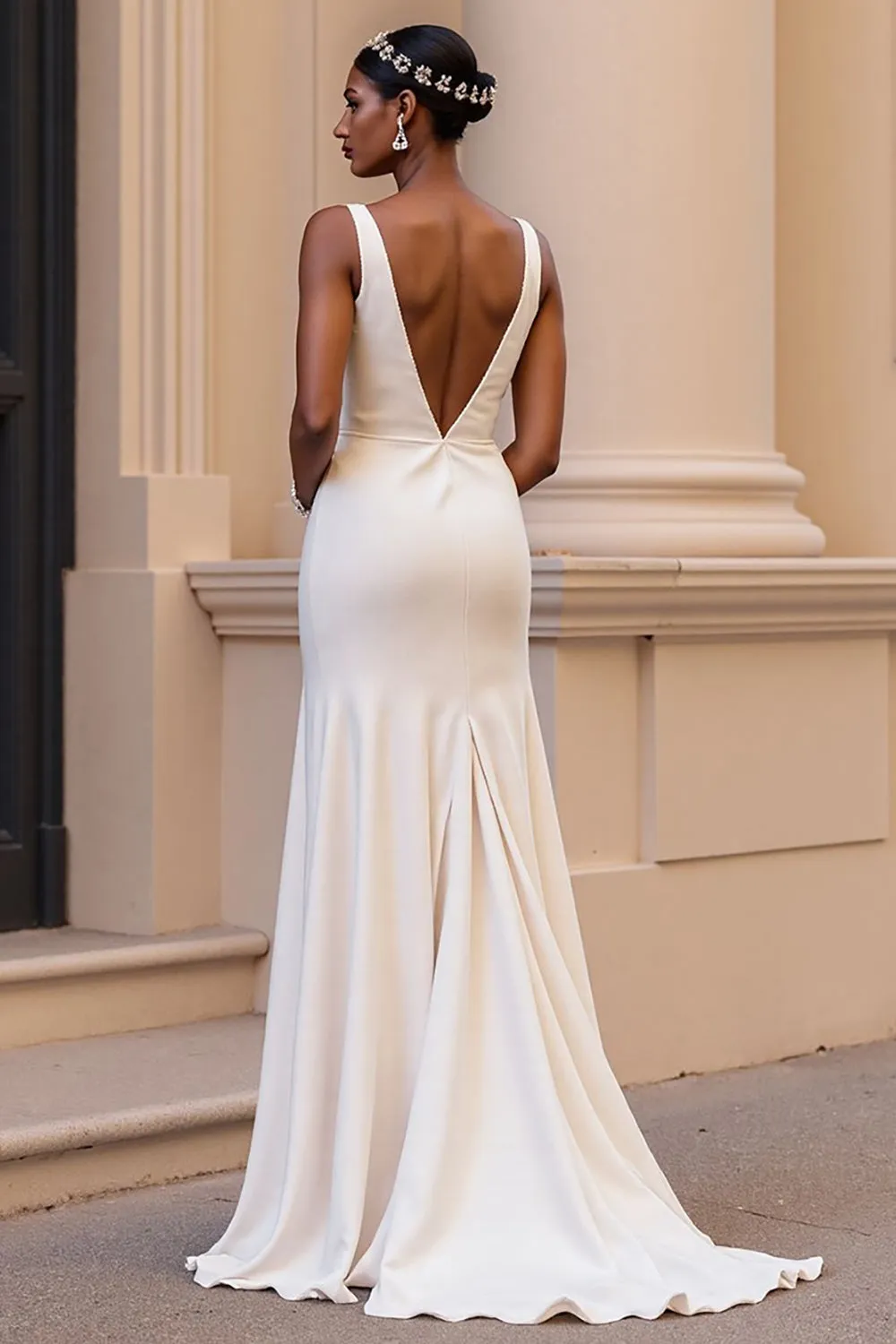 Ivory A Line V Neck Satin Wedding Dress with Slit sold by Zapaka product image thumbnail 2
