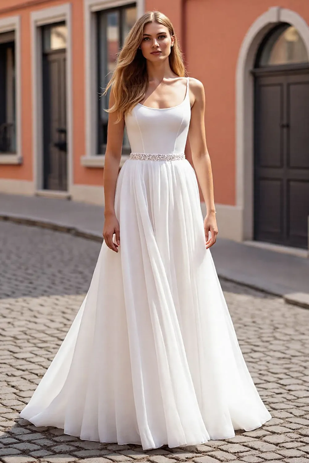 A Line Scoop Neck Ivory Beaded Wedding Dress sold by Zapaka
