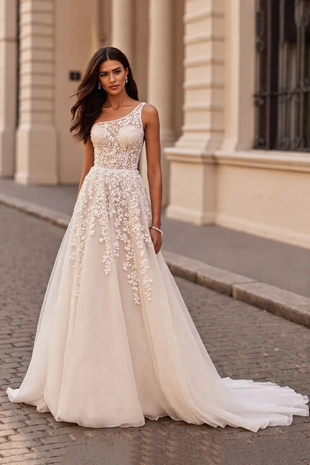 Appliqued One Shoulder Ivory A Line Wedding Dress sold by Zapaka