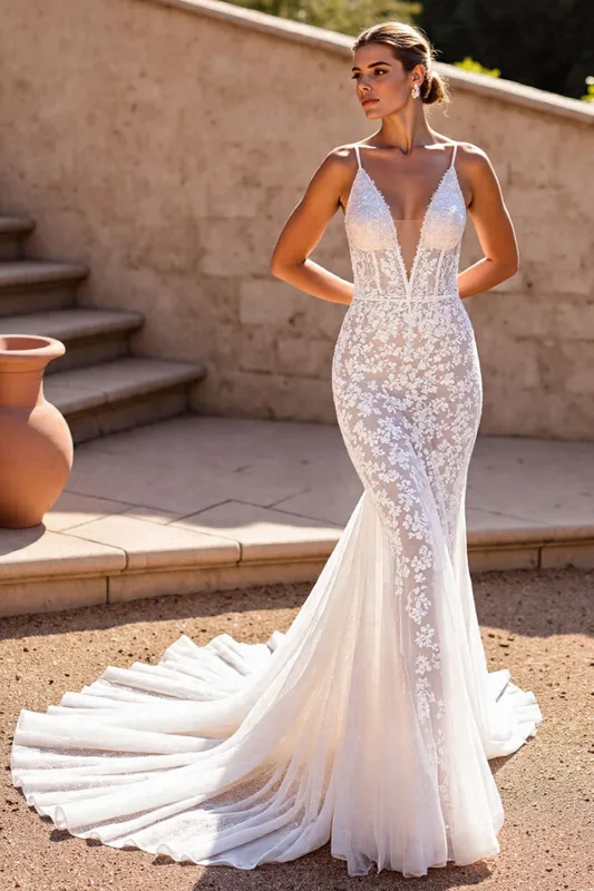 Mermaid Corset Ivory V Neck Lace Long Wedding Dress sold by Zapaka
