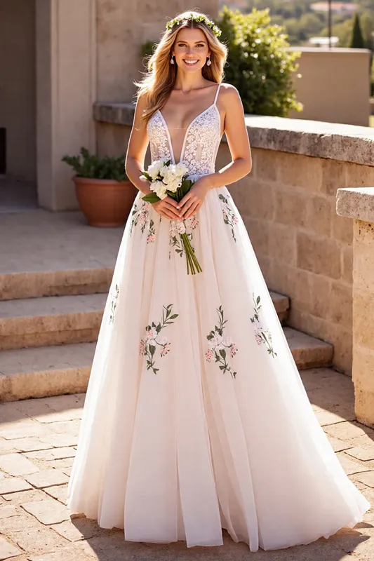 Floral Ivory Appliqued A Line Wedding Dress sold by Zapaka
