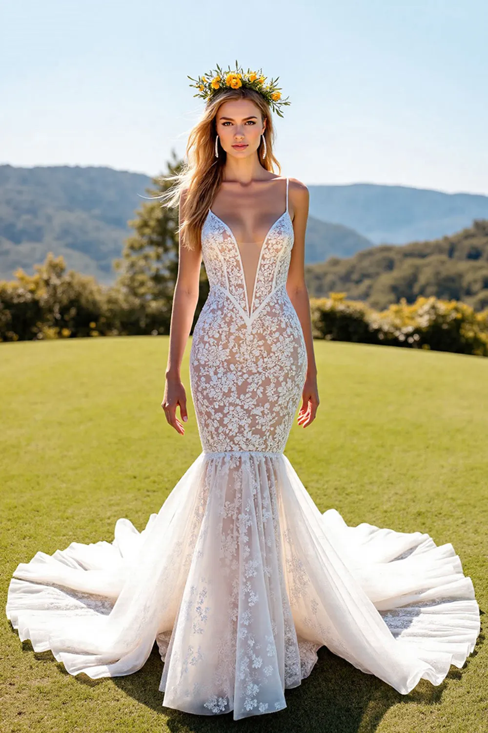 Mermaid Corset Ivory V Neck Lace Wedding Dress sold by Zapaka