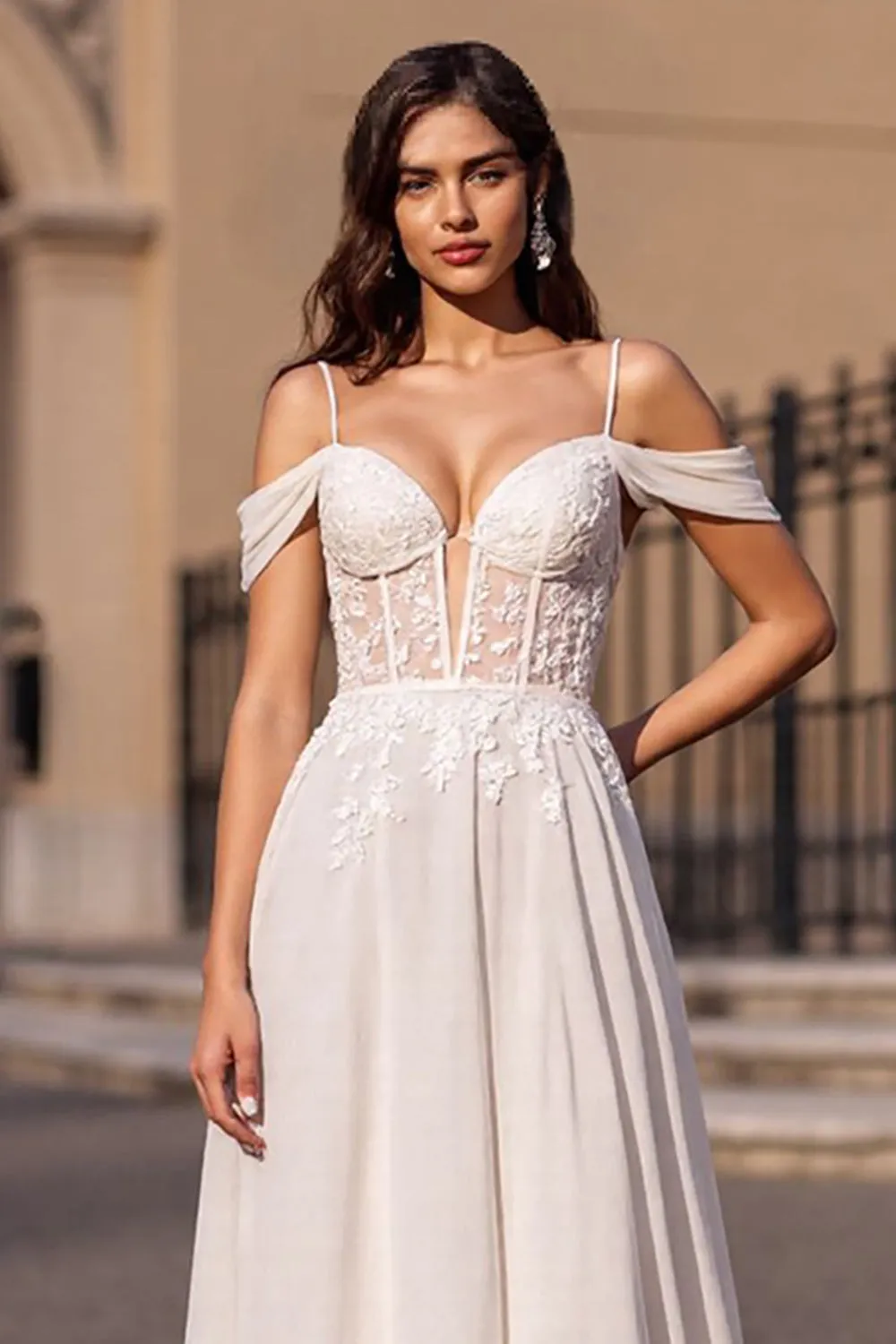 Cold Shoulder Corset Ivory A Line Appliqued Wedding Dress sold by Zapaka product image thumbnail 3