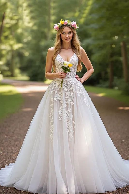 Corset V Neck Ivory A Line Appliqued Wedding Dress sold by Zapaka