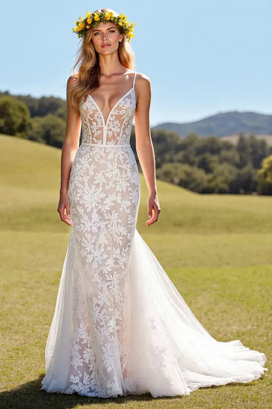 Corset Ivory V Neck Mermaid Lace Wedding Dress sold by Zapaka