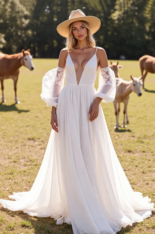 White Deep V Neck A Line Chiffon Sweep Train Wedding Dress sold by Zapaka