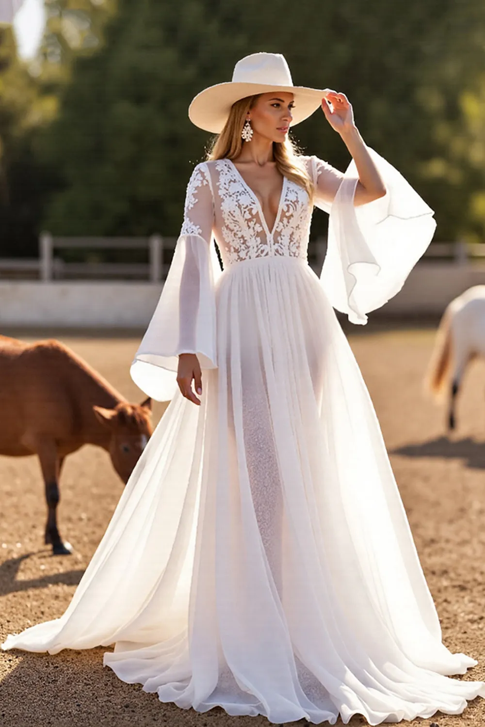 White A Line Flutter Sleeves Wedding Dress with Lace sold by Zapaka