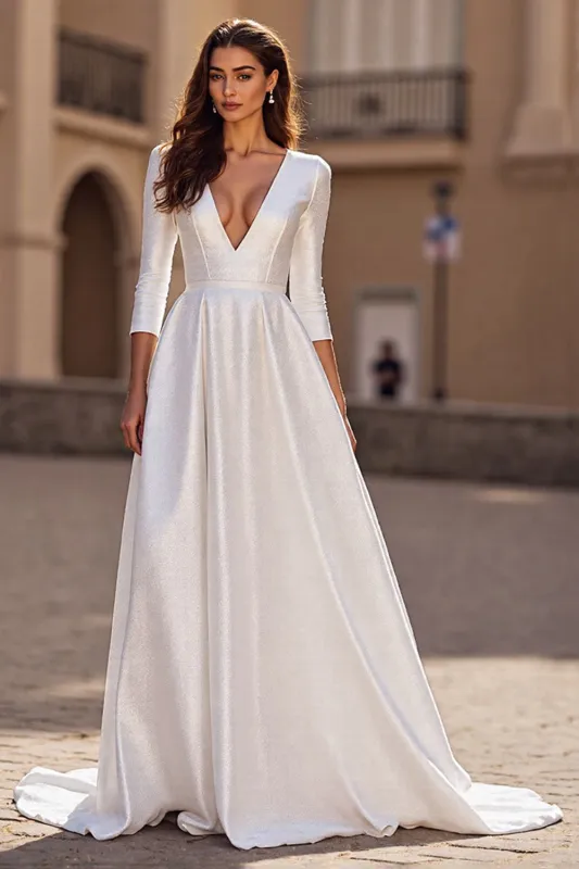 A Line 3/4 Sleeve Satin Ivory Long Wedding Dress made by Zapaka
