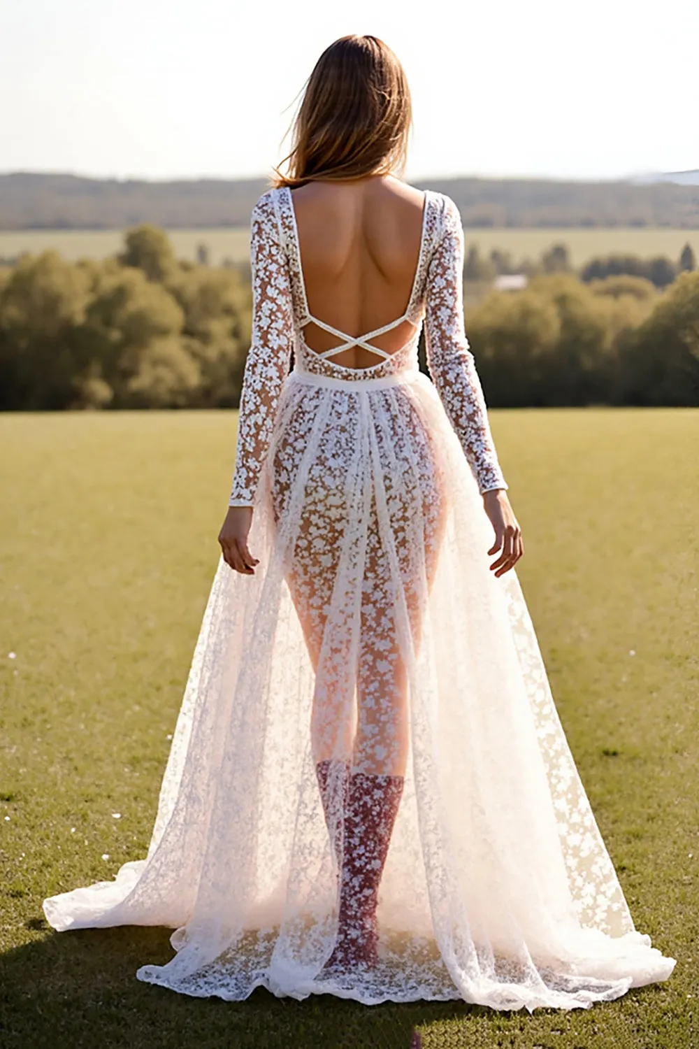 White Lace A Line Western Wedding Dress with Long Sleeves sold by Zapaka product image thumbnail 2