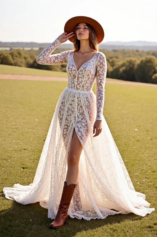 White Lace A Line Western Wedding Dress with Long Sleeves sold by Zapaka