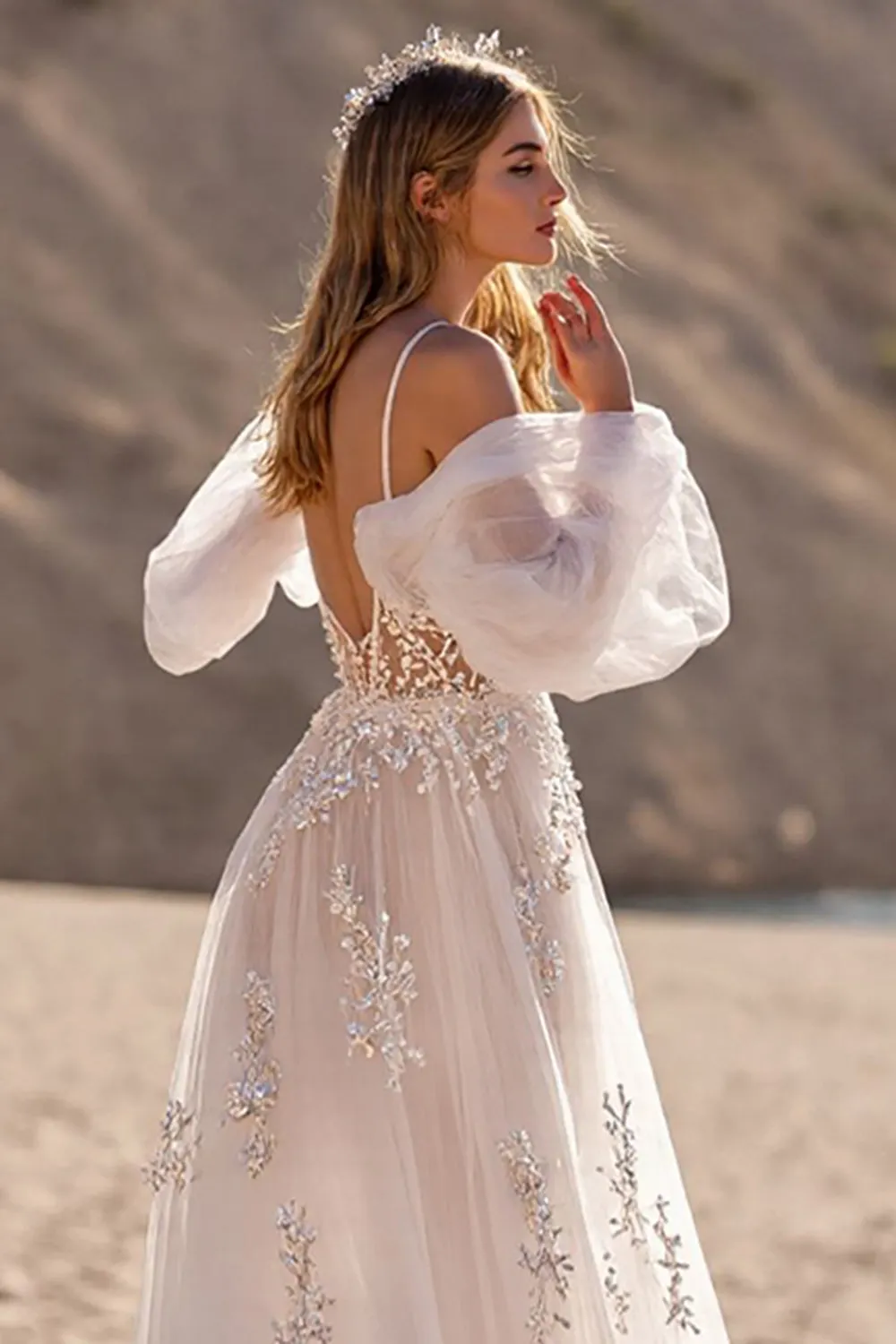 Removable Sleeve Ivory A Line Appliqued Long Wedding Dress sold by Zapaka product image thumbnail 4